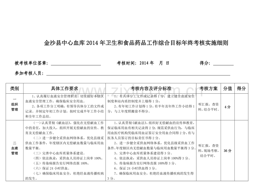 2014年中心血库年终考核细则(修改).doc_第1页