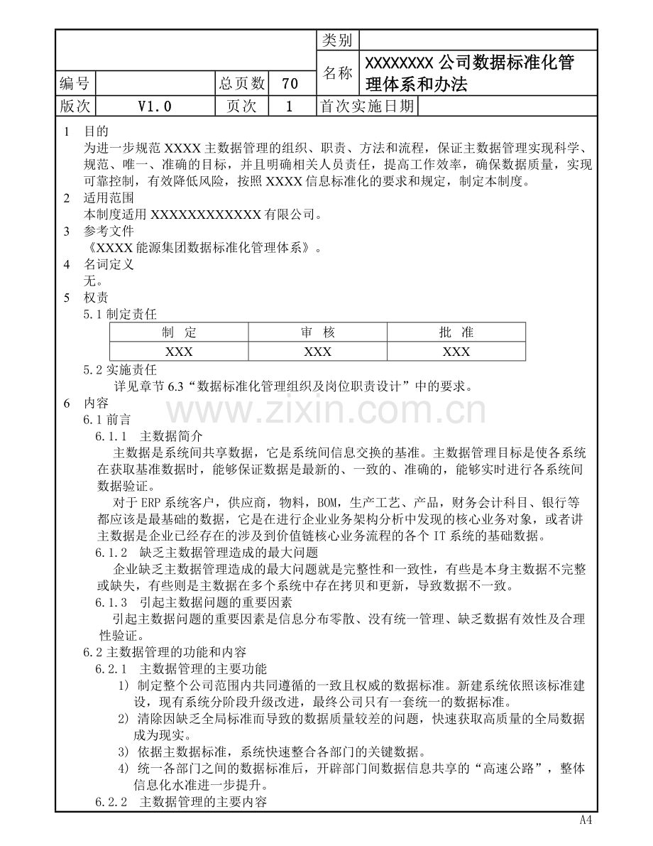 XXXX公司数据标准化管理体系和办法-V1.0.doc_第1页