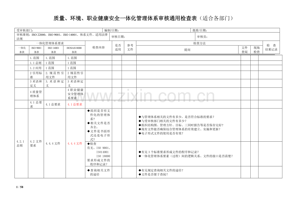 质量、环境和职业健康安全管理体系一体化内审通用检查表.doc_第1页