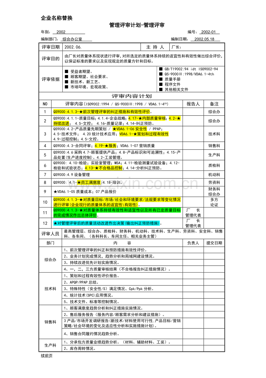 2002年管理评审计划.doc_第1页