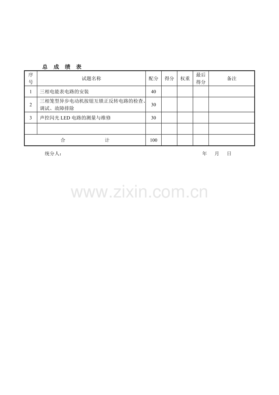 维修电工(2010版)初级操作技能考核评分记录表.doc_第1页