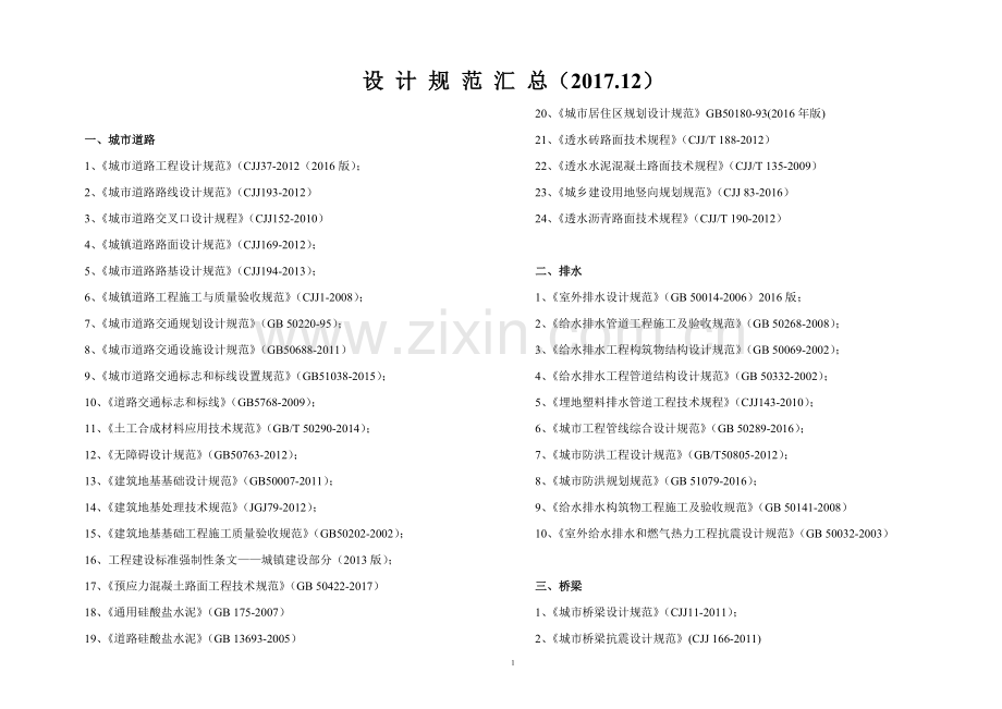 市政行业有效设计规范汇总(2017.12).doc_第1页