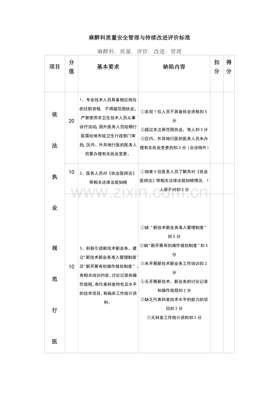 麻醉科质量安全管理与持续改进评价标准.doc_第1页