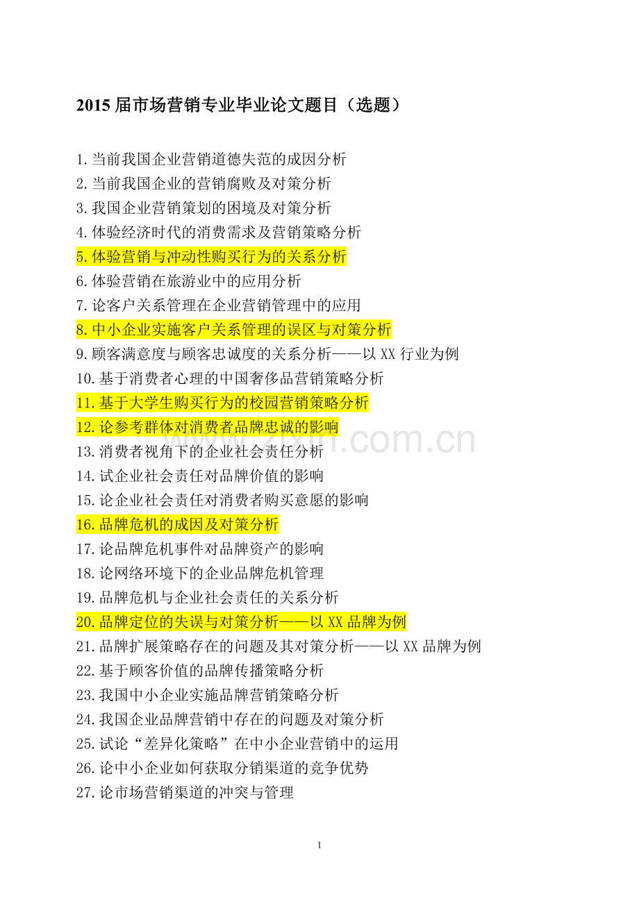 2015届市场营销专业毕业论文题目选题(汇总).doc_第1页