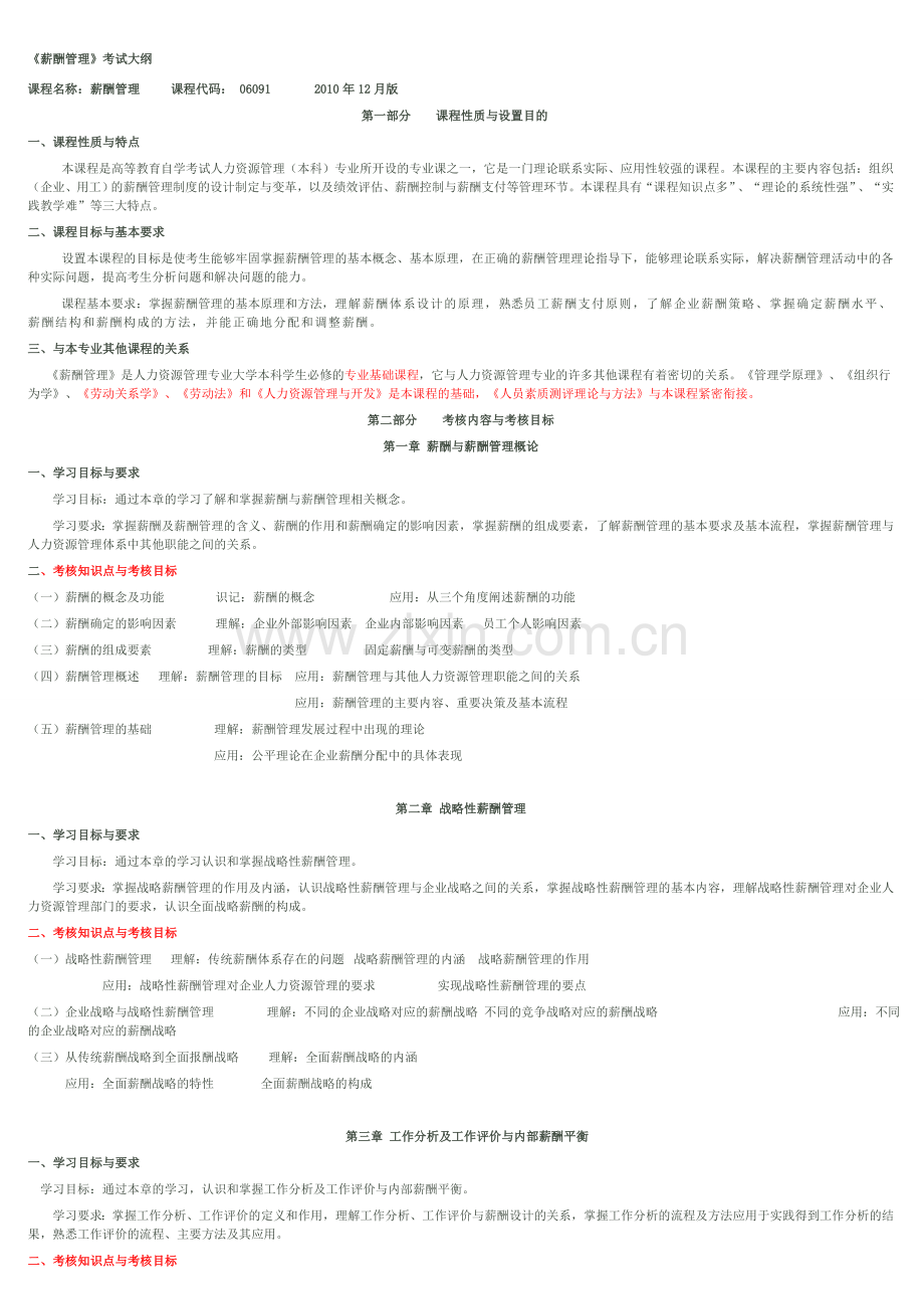 IPMA-北京大学人力资源管理自考-薪酬管理考试大纲.doc_第1页