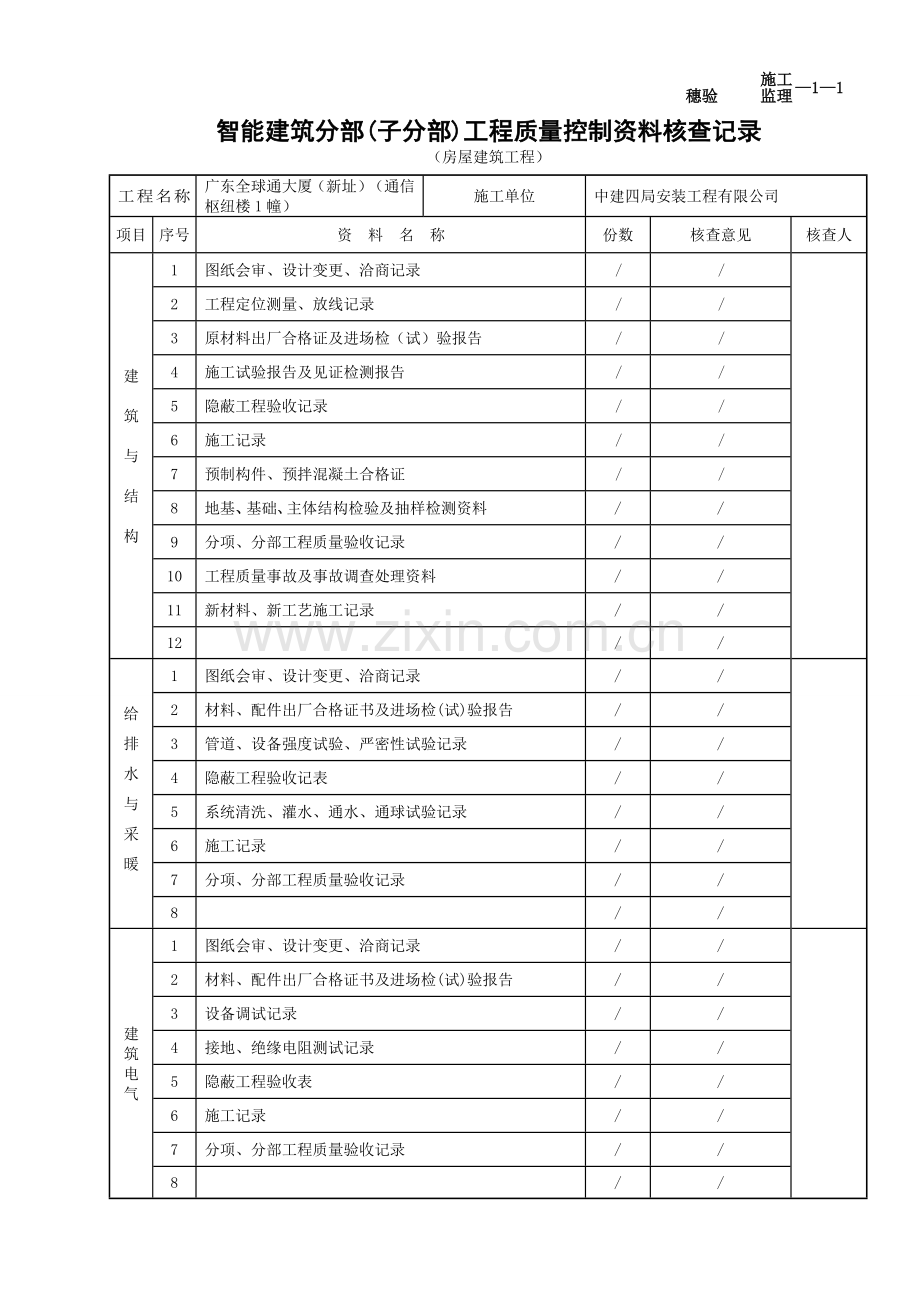 02智能建筑分部工程质量控制资料核查记录.doc_第1页