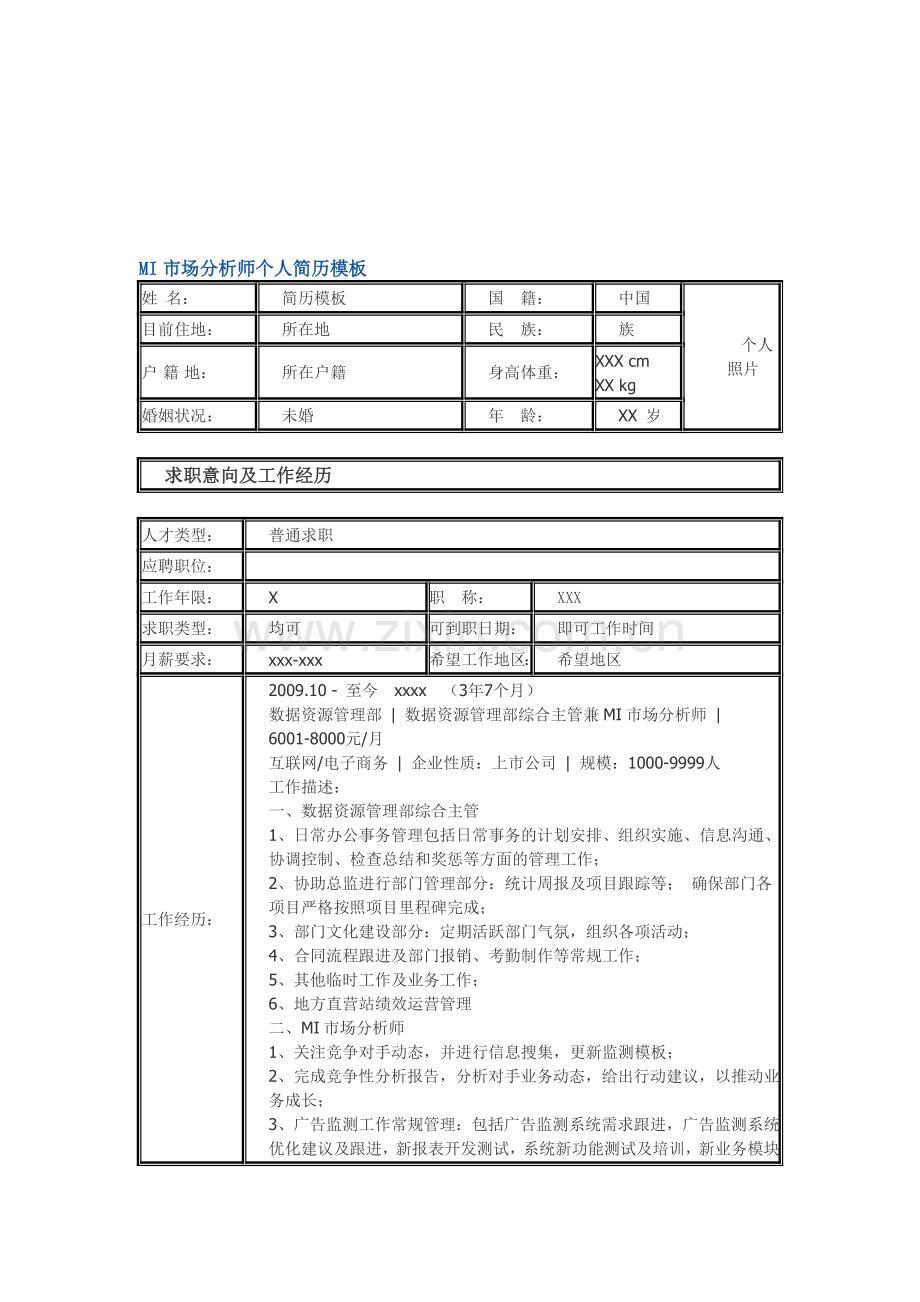 MI市场分析师-个人简历模板.doc_第1页