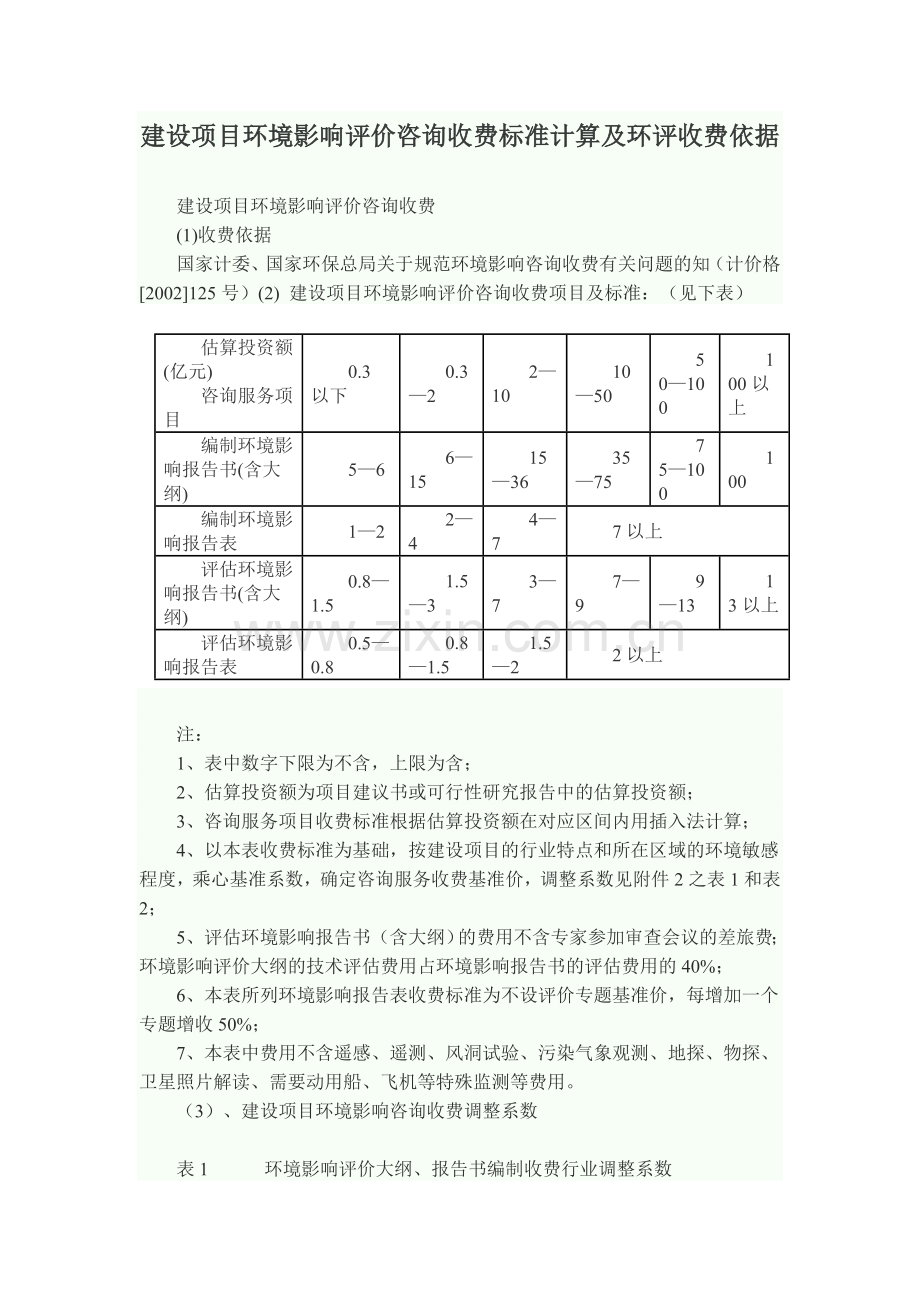 建设项目环境影响评价咨询收费标准计算及环评收费依据.doc_第1页