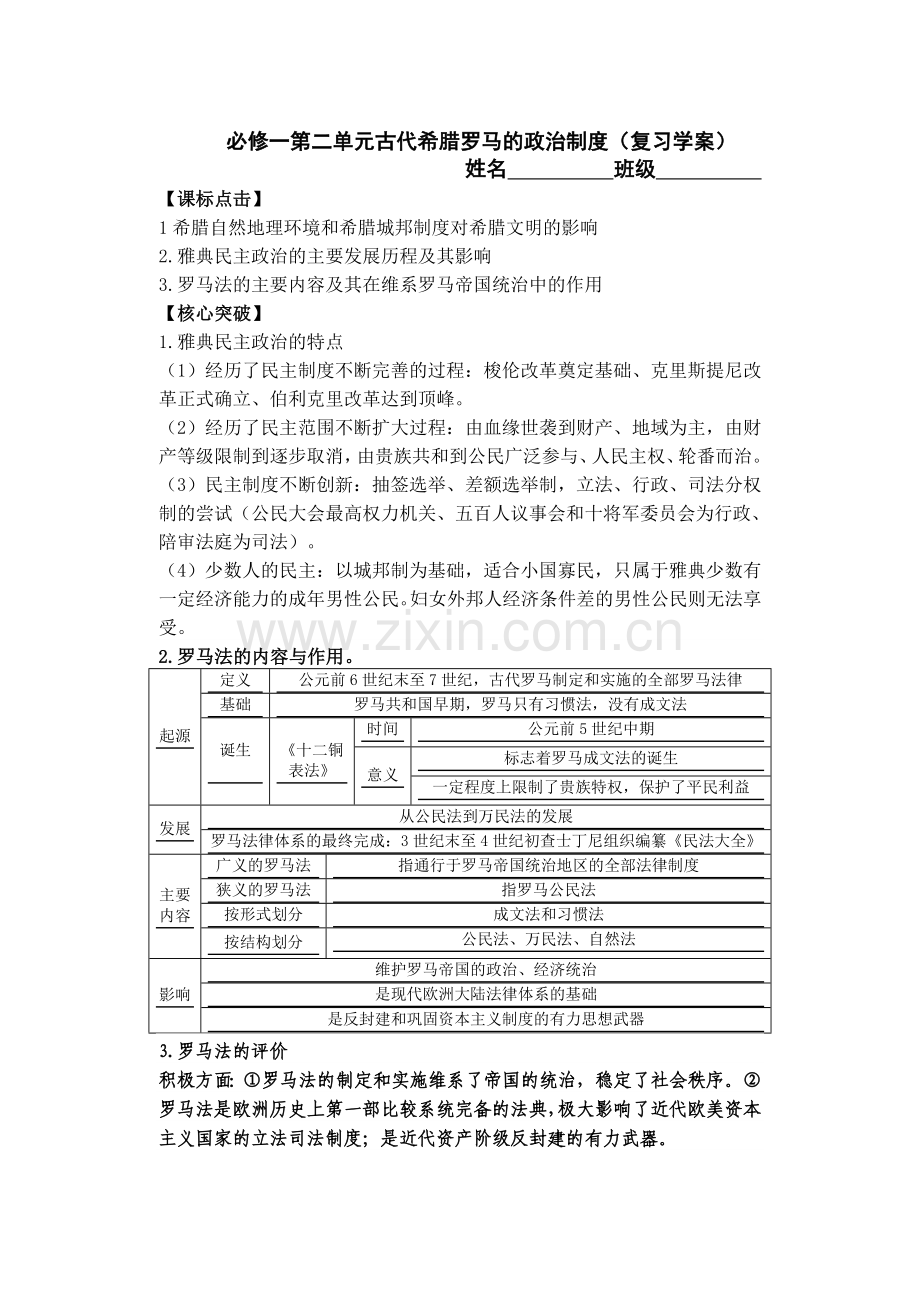 必修一第二单元古代希腊罗马的政治制度.doc_第1页