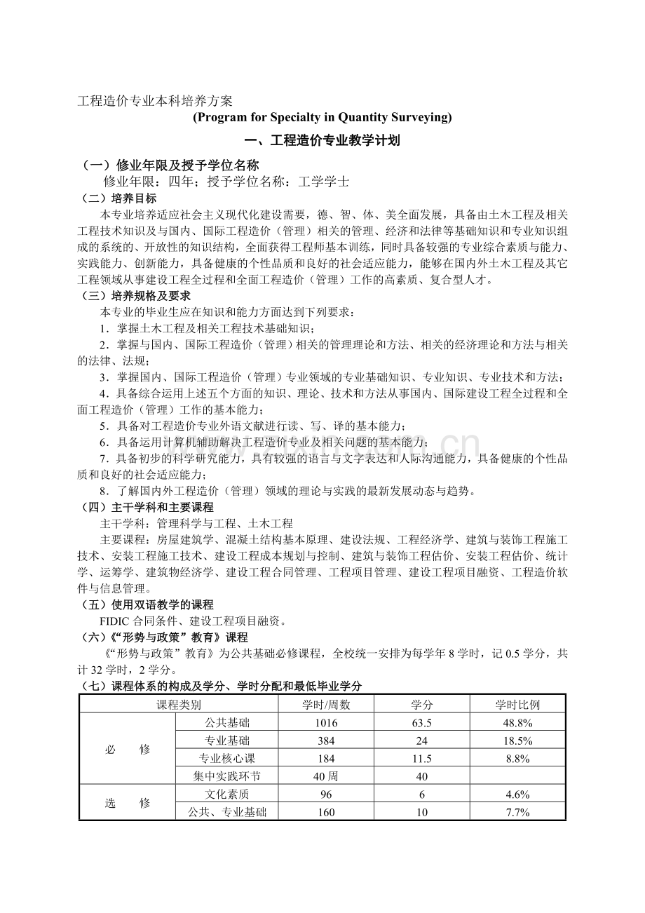 2007级工程造价专业本科培养方案.doc_第1页