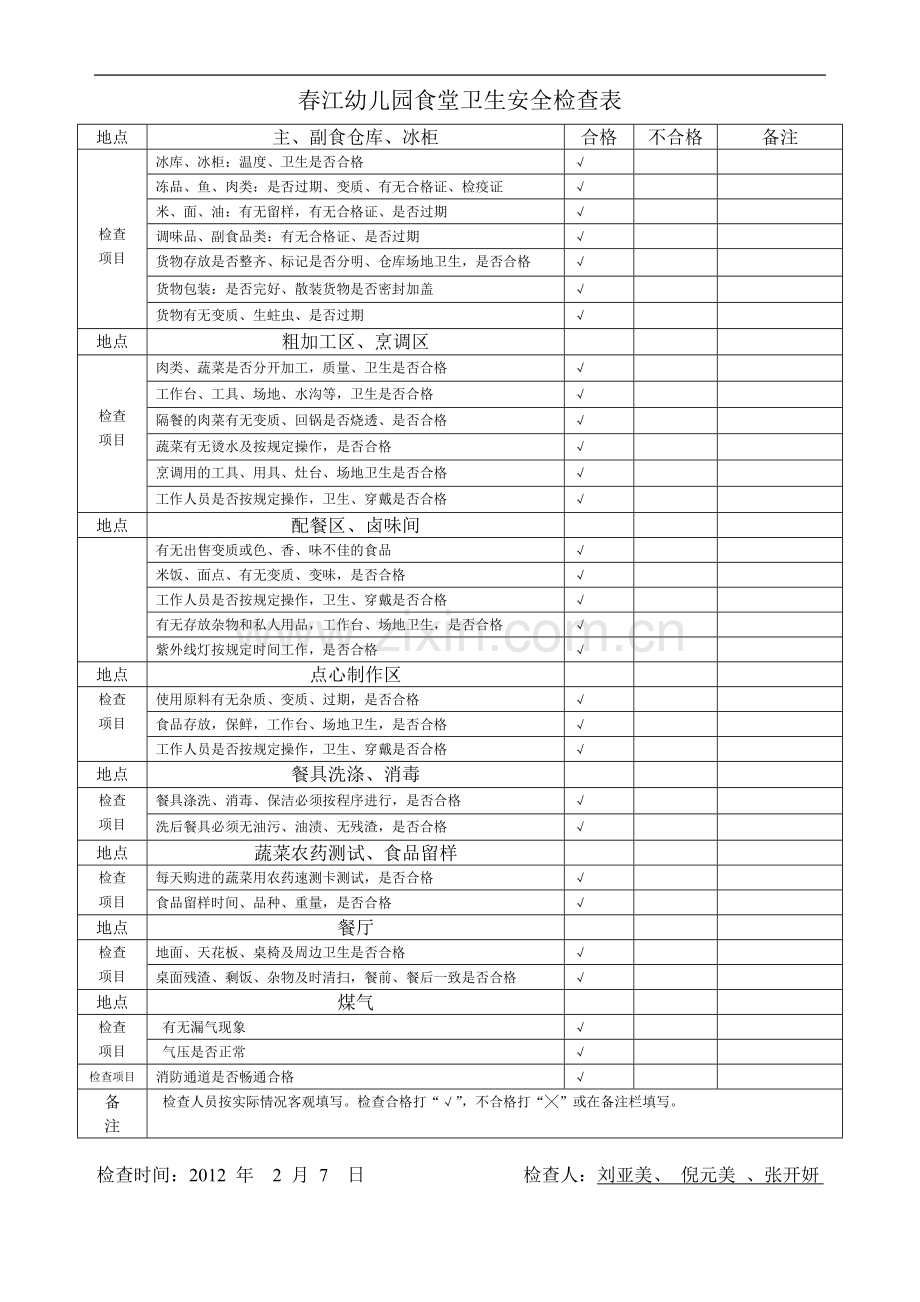 春江幼儿园食堂卫生安全检查表.doc_第1页