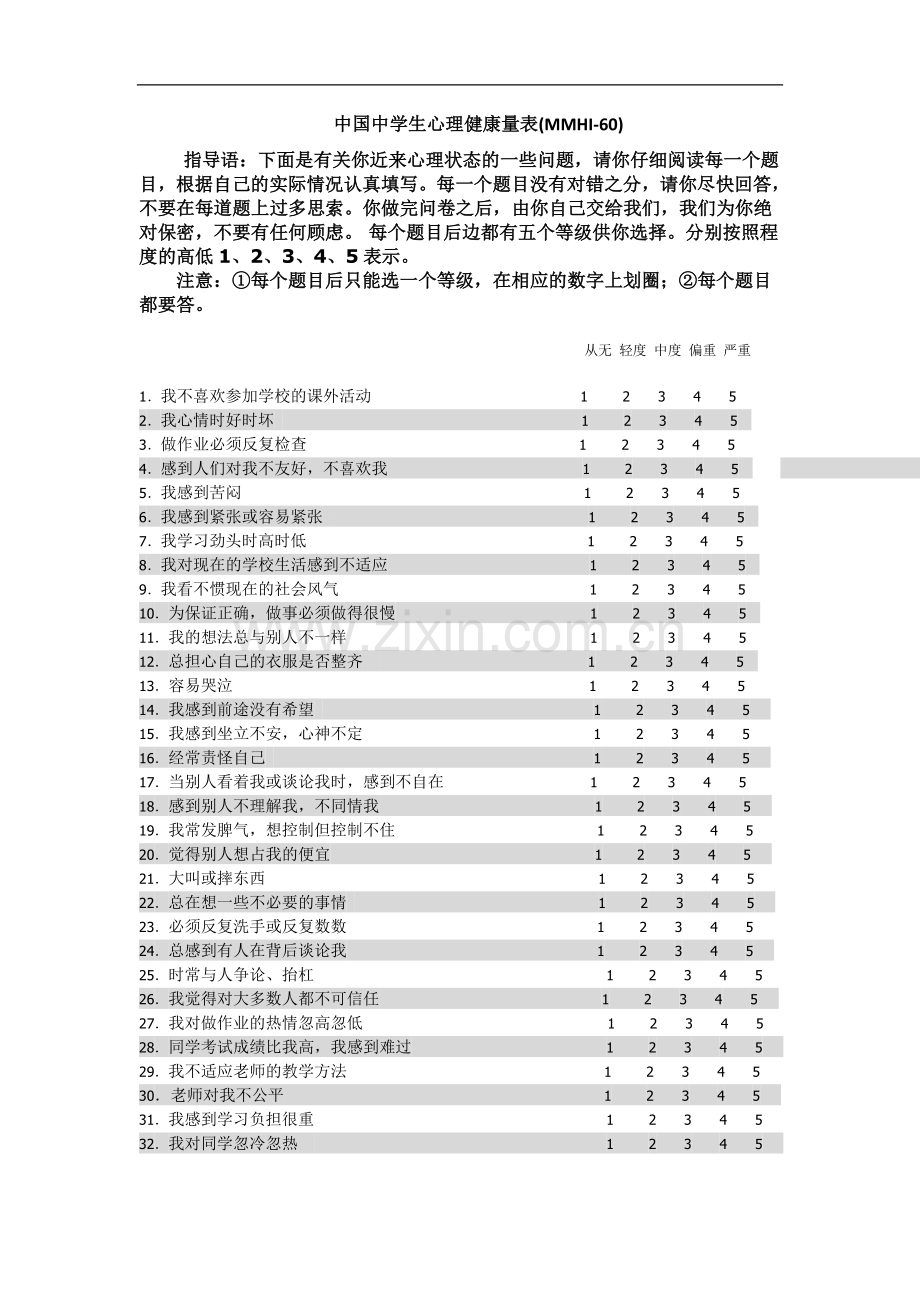 中国中学生心理健康量表(MMHI-60)(包括评分规则及诊断标准).doc_第1页