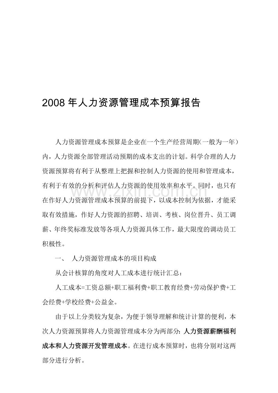 某公司2008年人力资源管理成本预算报告.doc_第1页