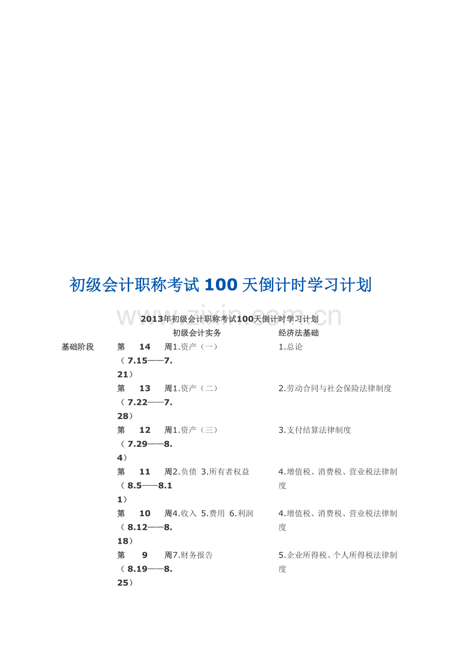 初级会计职称考试100天倒计时学习计划.doc_第1页