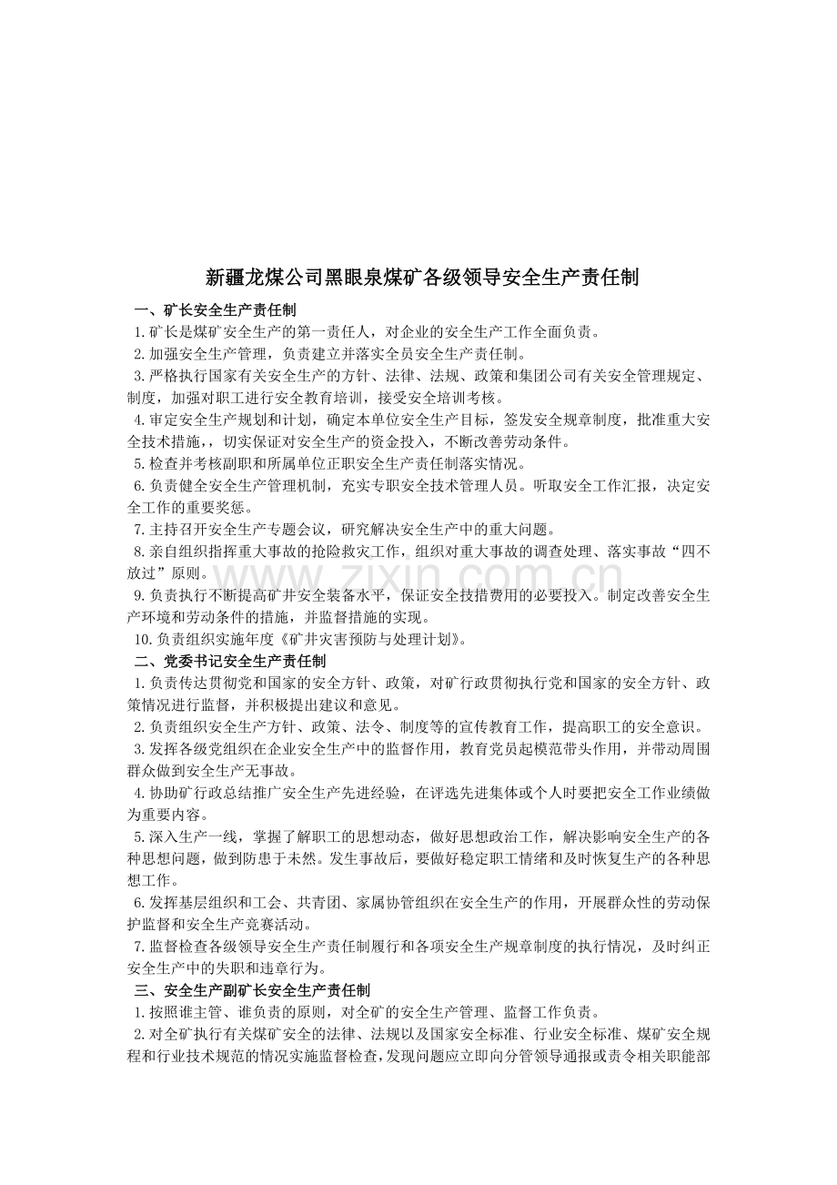 黑眼泉煤矿各级领导安全生产责任制.doc_第1页