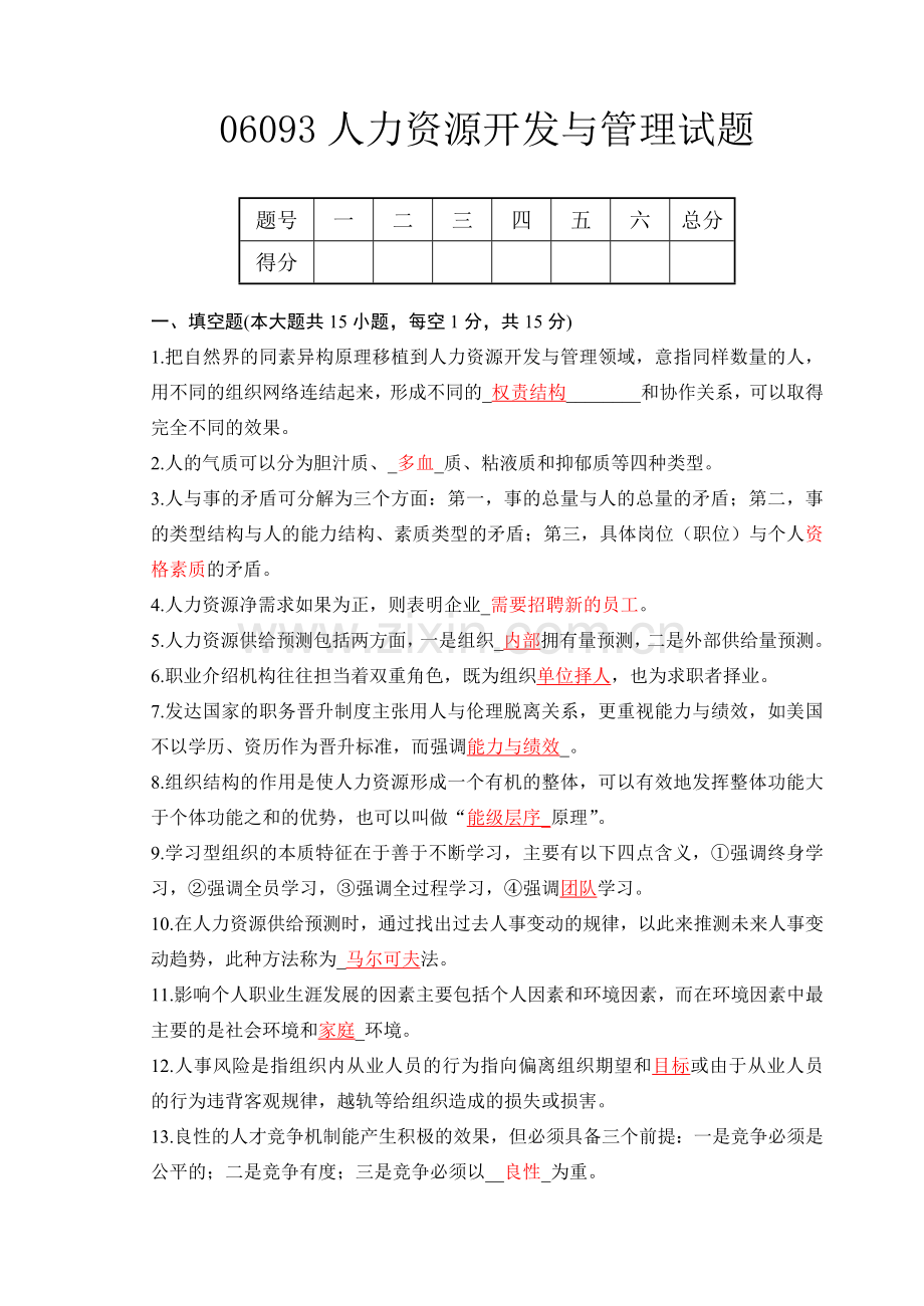 06093人力资源开发与管理试题及答案.doc_第1页