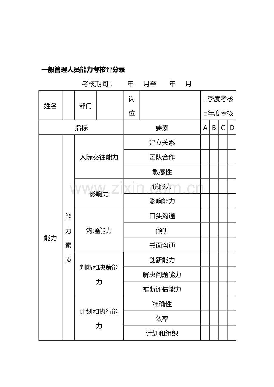 一般管理人员能力考核评分表.doc_第1页