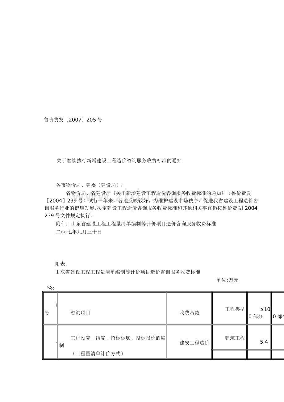 山东省建设工程工程量清单编制等计价项目造价咨询服务收费标准.doc_第1页