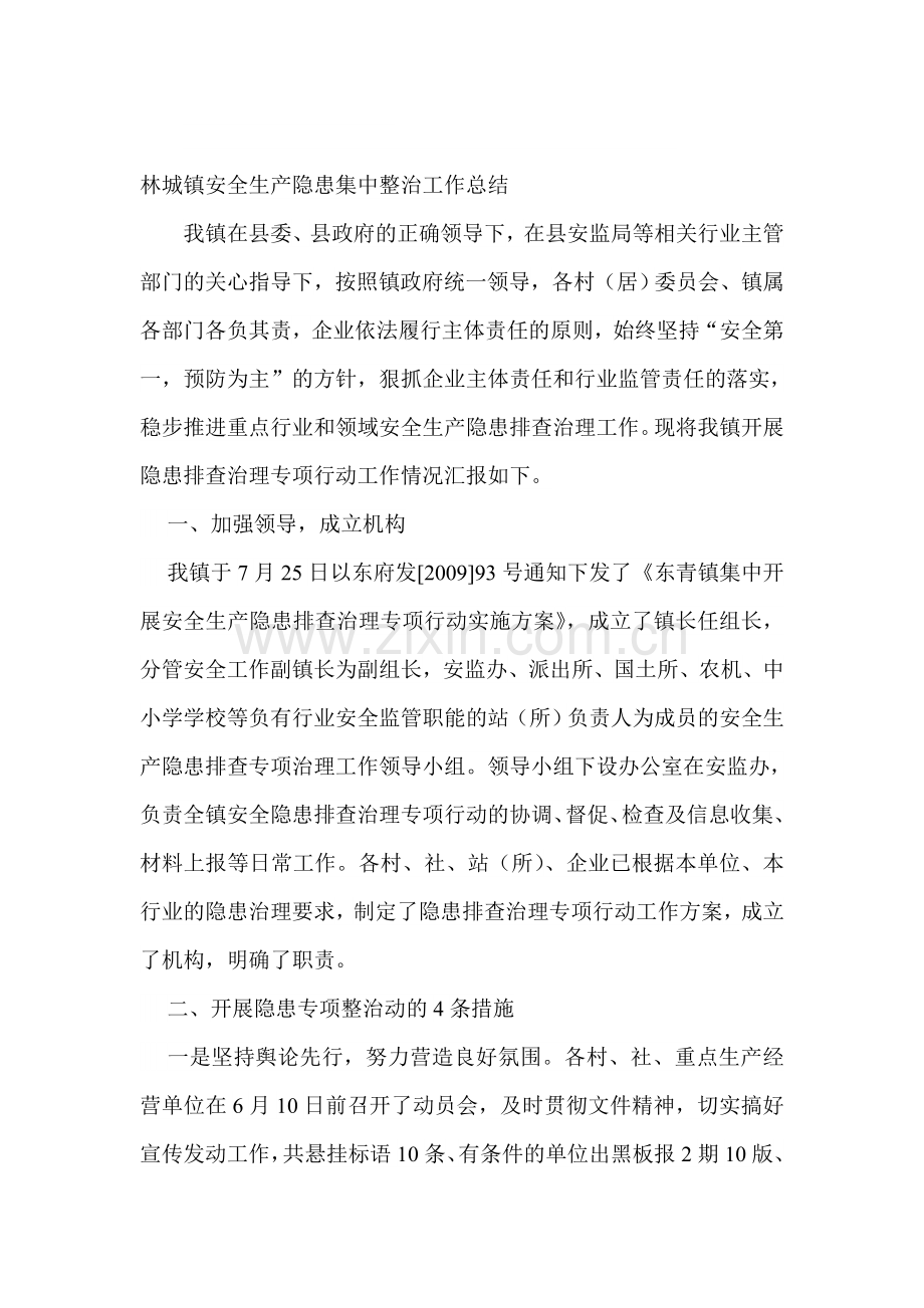 林城镇安全生产隐患集中整治工作总结.doc_第1页