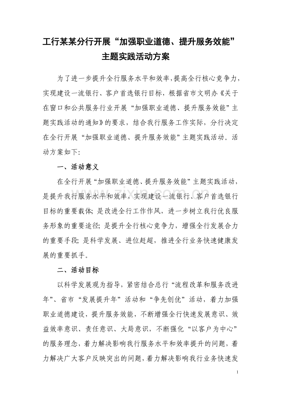 工商银行某某市分行开展提升服务效能活动方案.doc_第1页