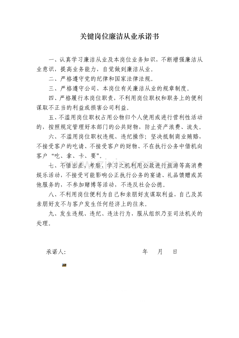 关键岗位廉洁从业承诺书.doc_第1页