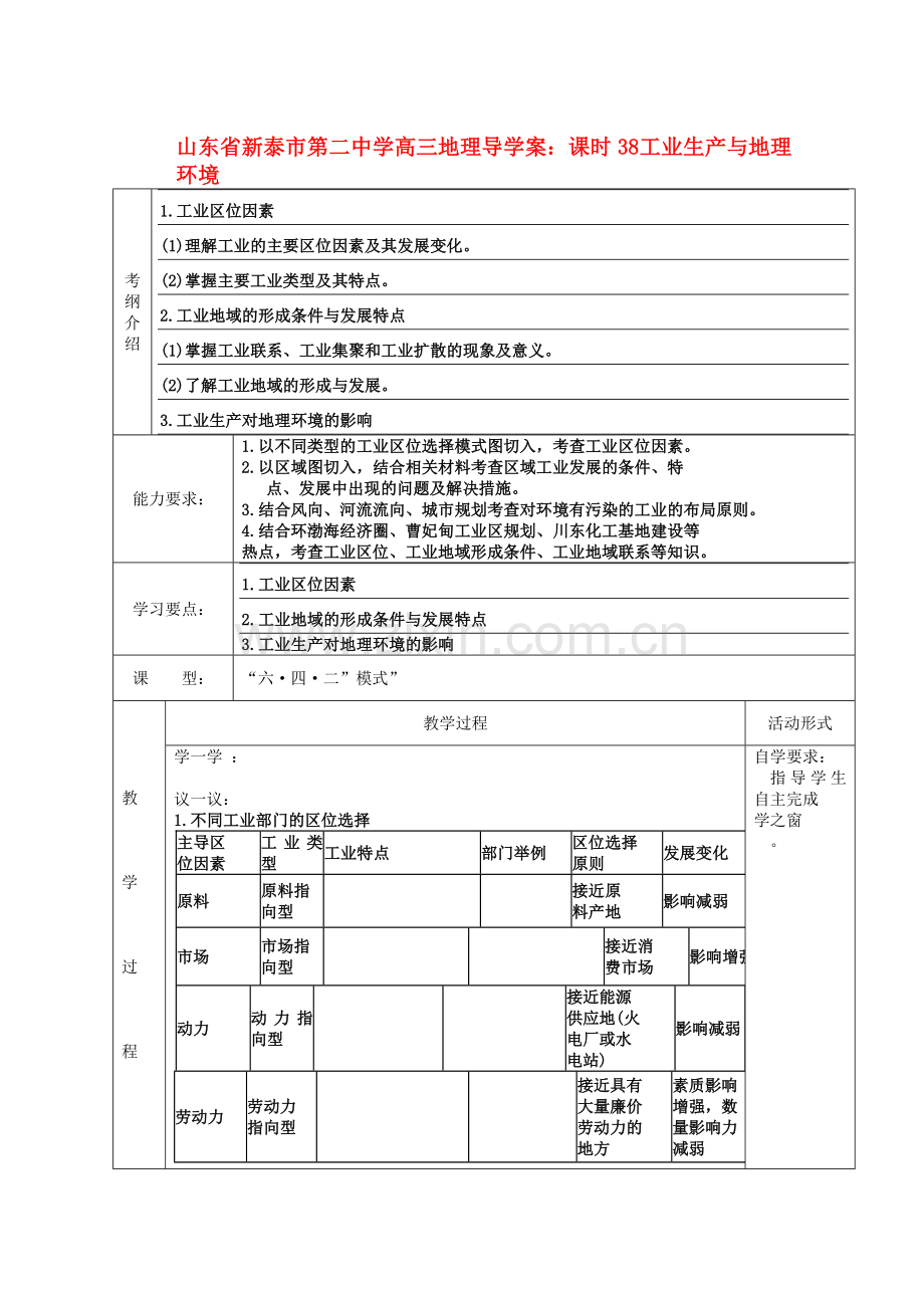 山东省新泰市第二中学高三地理-课时38-工业生产与地理环境导学案.doc_第1页