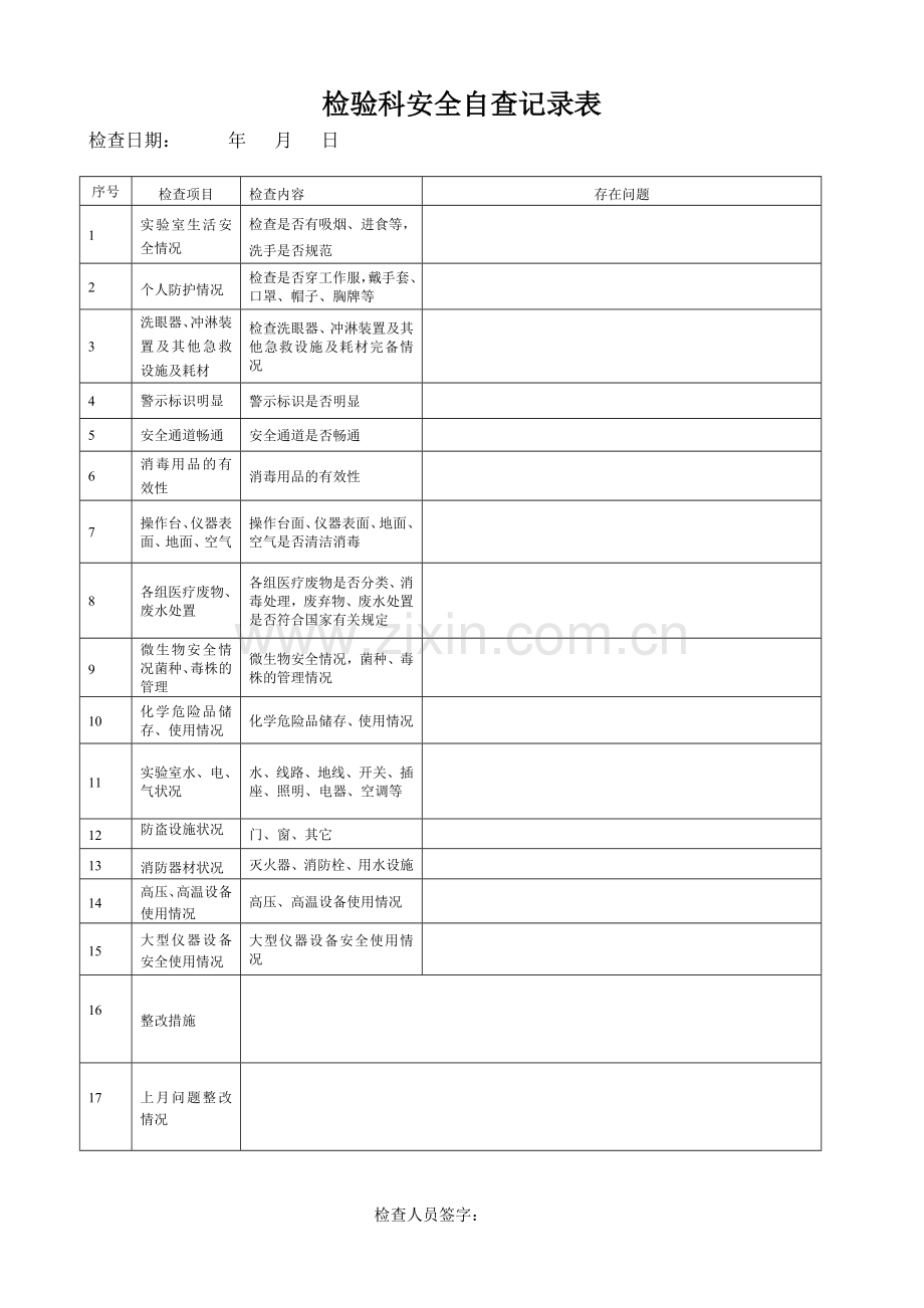 检验科每月安全检查记录表.doc_第1页