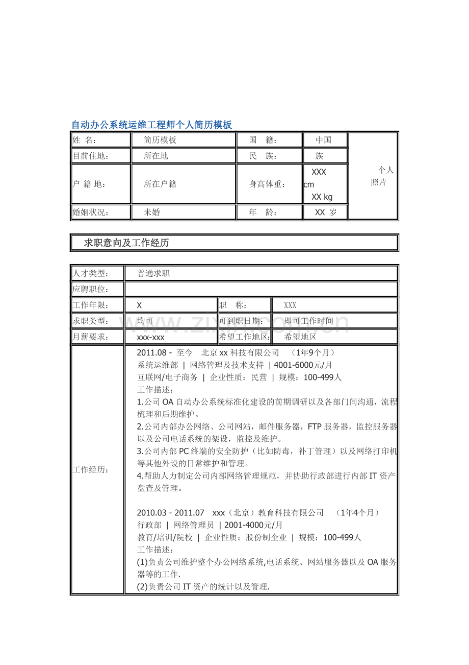 --自动办公系统运维工程师-个人简历模板.doc_第1页