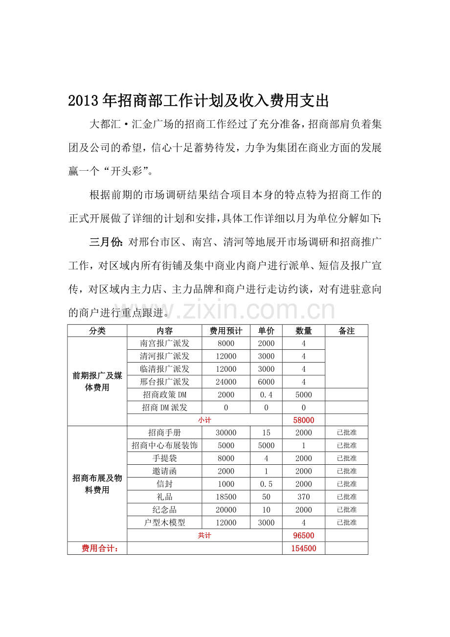 2013年度招商计划及费用预算.doc_第1页