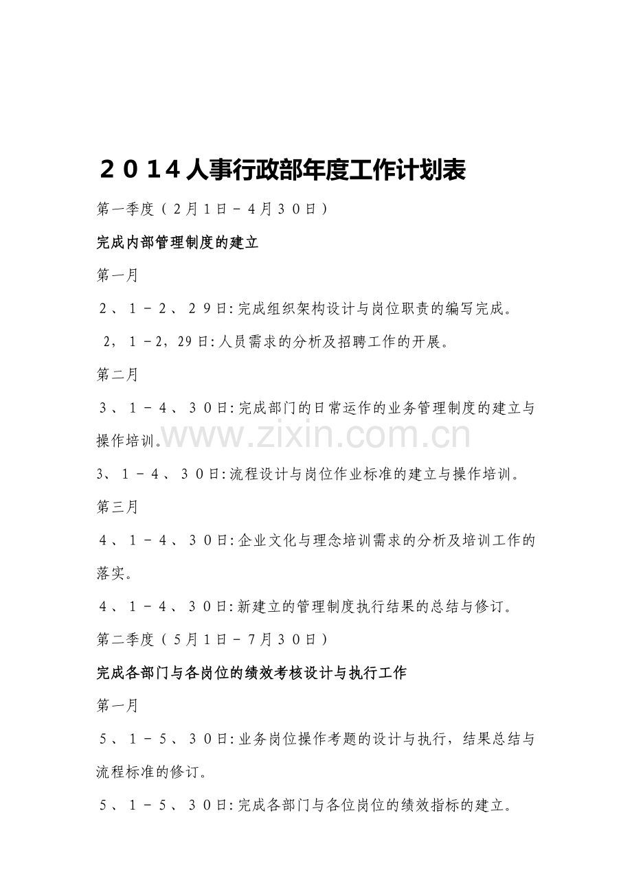 2014人事行政部年度工作计划表.doc_第1页