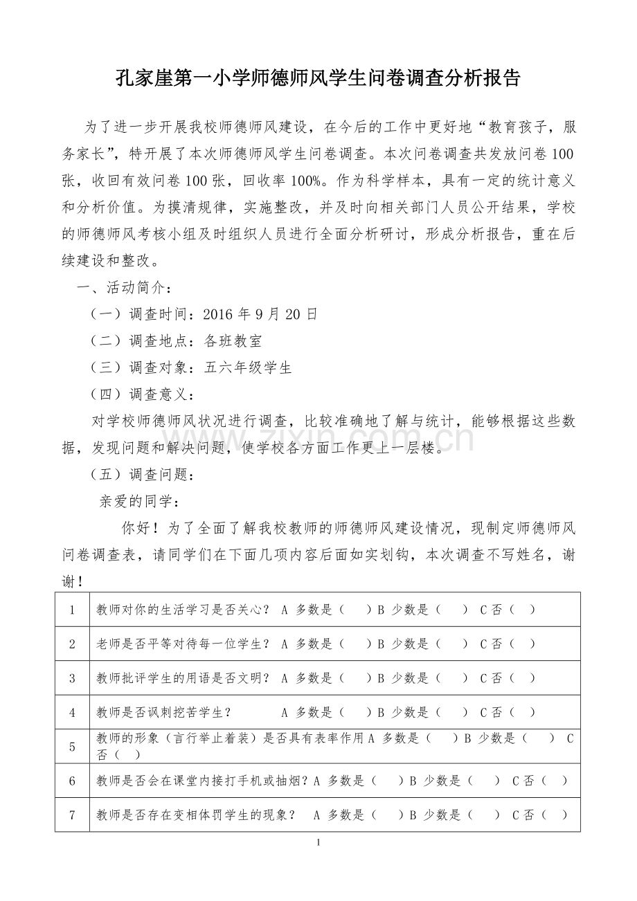 师德师风学生问卷调查表分析报告.doc_第1页