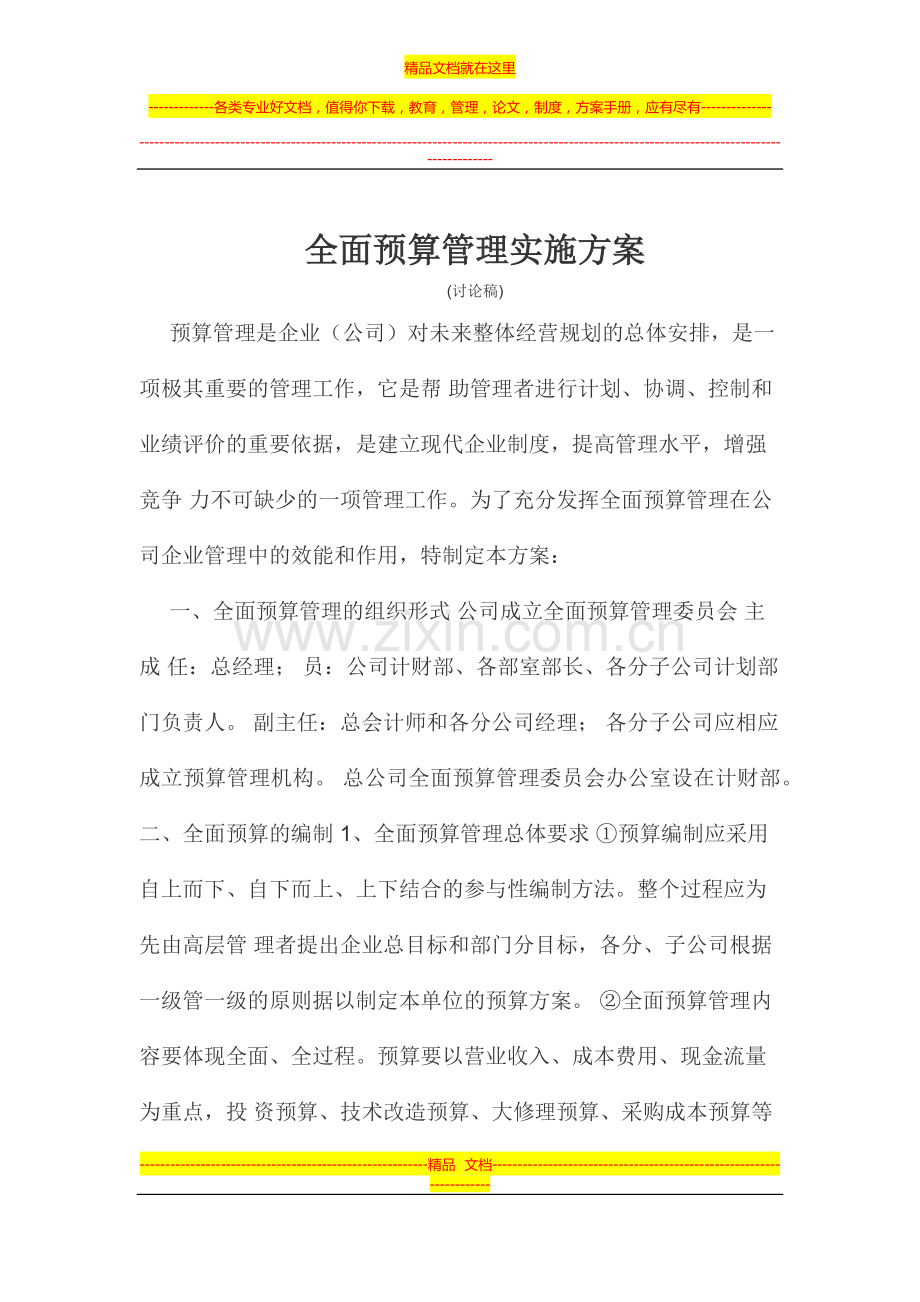 某公司的全面预算管理实施方案.docx_第1页