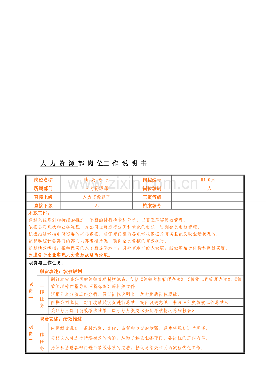 004绩效专员岗位说明书2011.doc_第1页