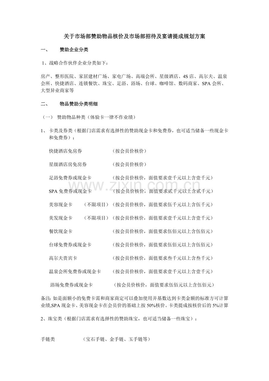 关于市场部赞助物品核价及市场部招待及宴请提成规划方案.doc_第1页