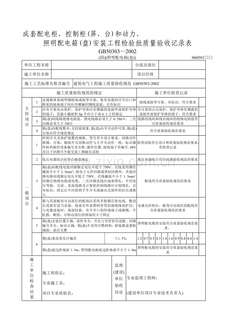 (成套)照明配电箱(盘)安装工程检验批质量验收记录表.doc_第1页