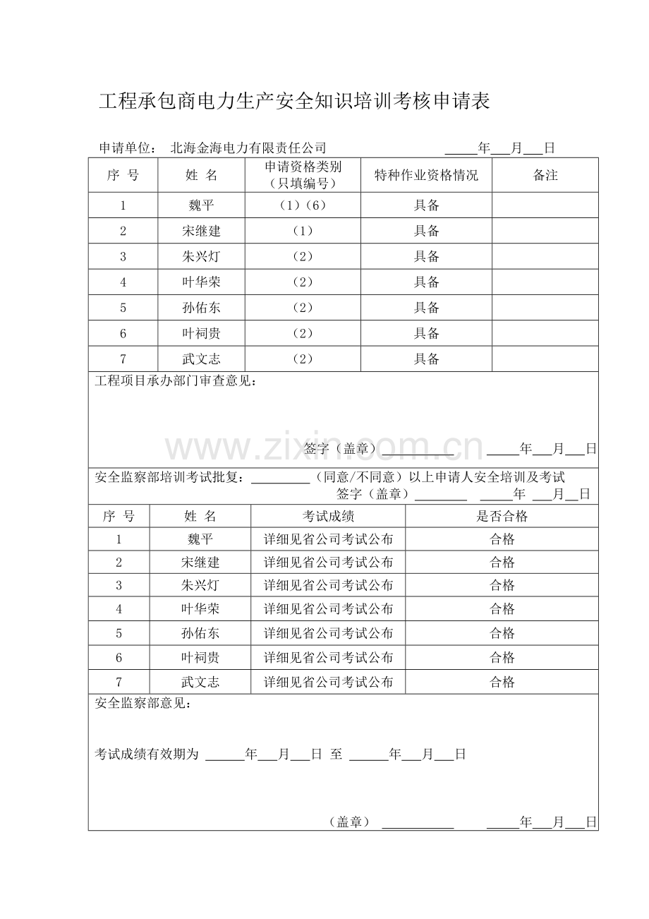 工程承包商电力生产安全知识培训考核申请表.doc_第1页