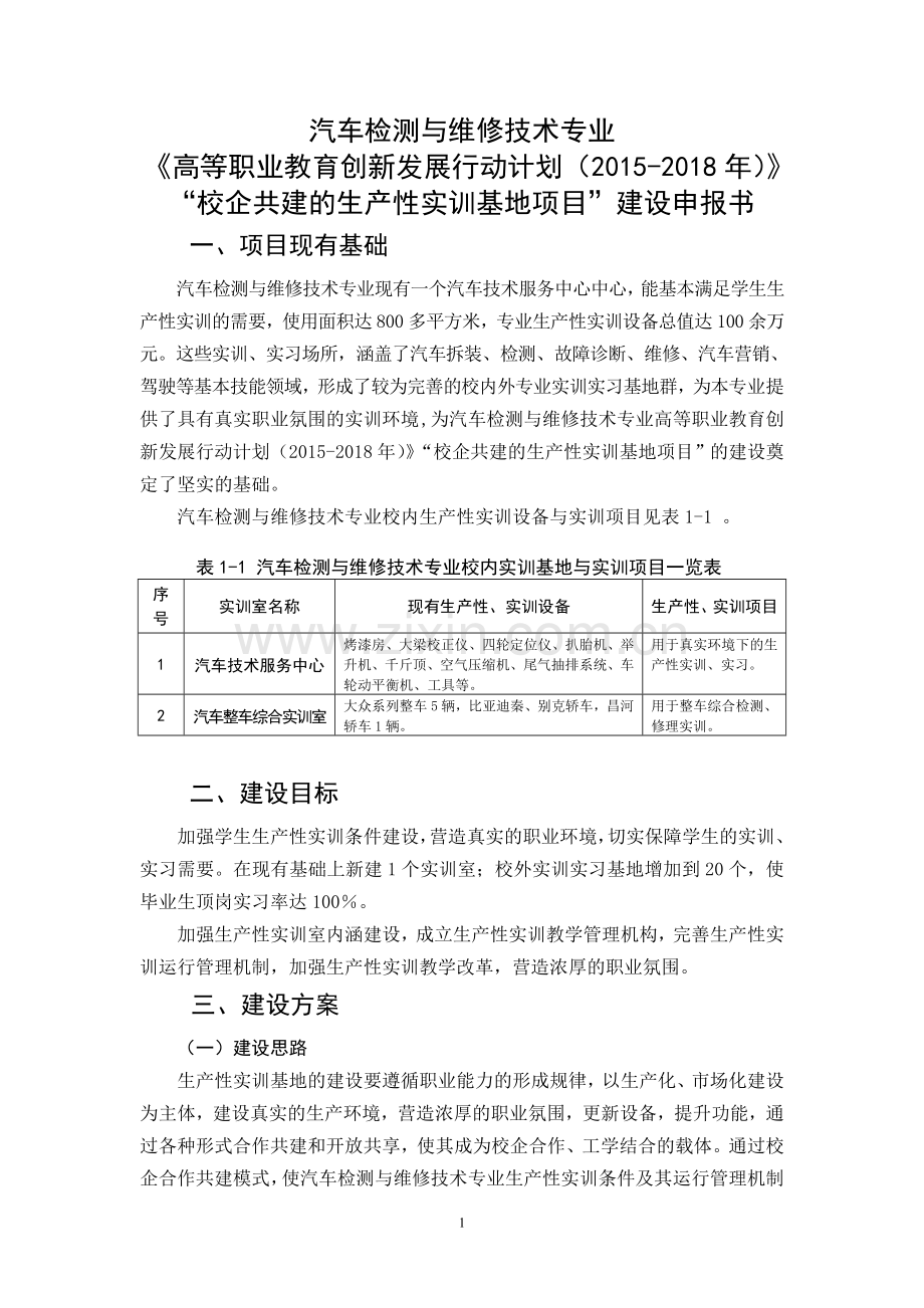 汽车专业创新行动计划“项目”申报书(校企共建的生产性实训基地建设).doc_第1页