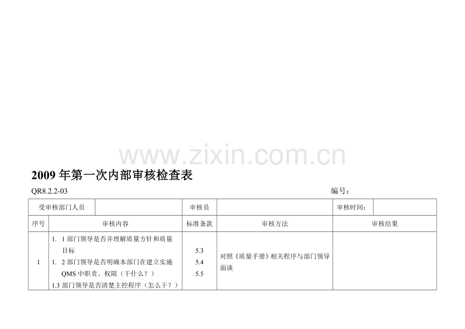 生产科2009年第一次内部审核检查表.doc_第1页