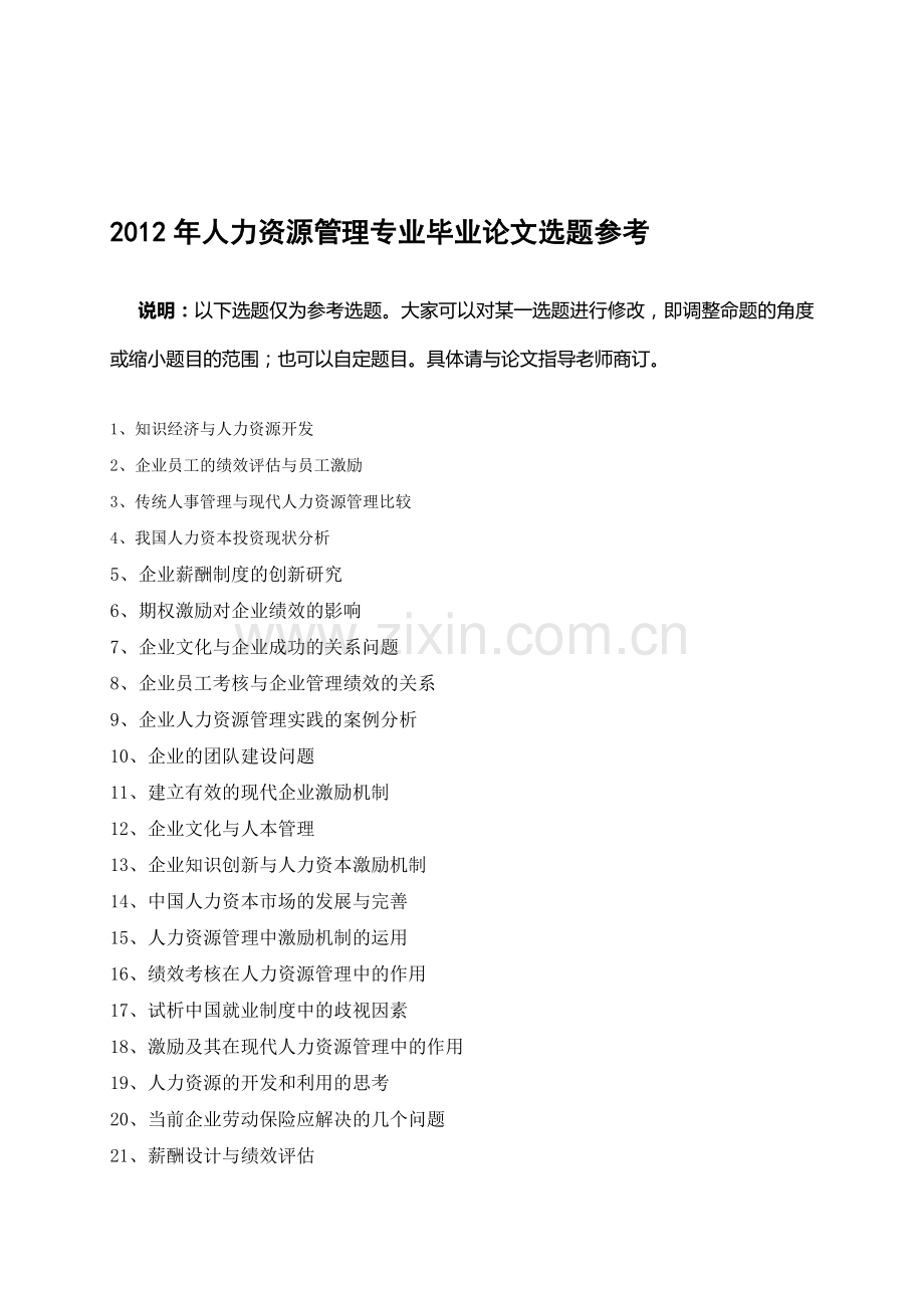 2012年人力资源管理专业毕业论文选题参考.doc_第1页