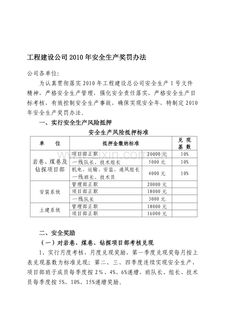 工程建设公司2010年安全生产奖罚办法.doc_第1页