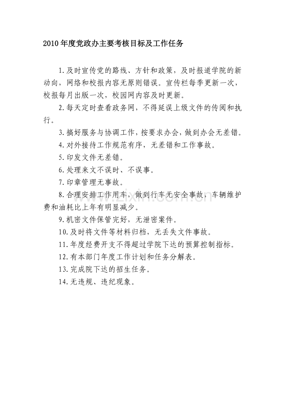 2010年度党政办主要考核目标及工作任务.doc_第1页