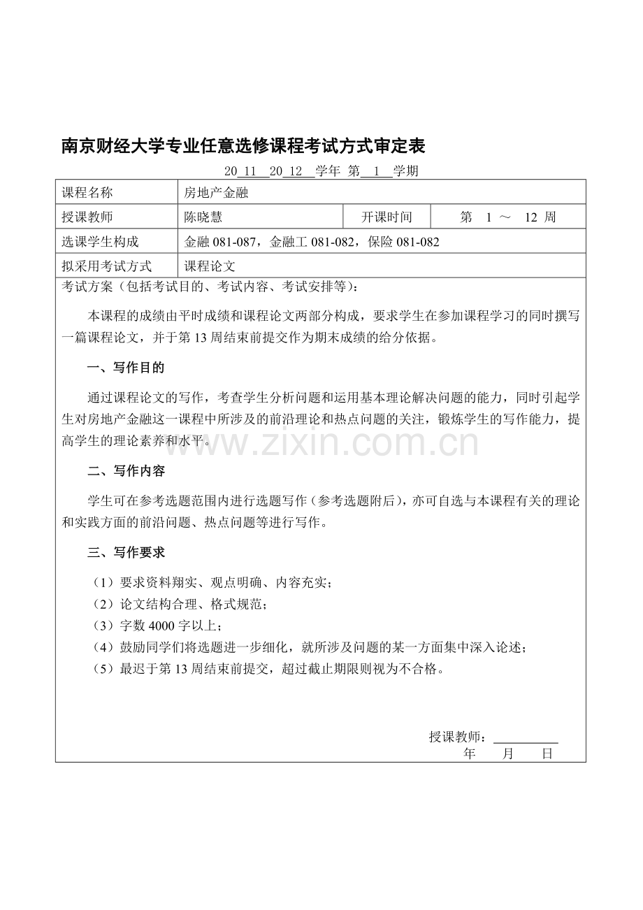 房地产金融——专业任意选修课程考试方式审定表.doc_第1页