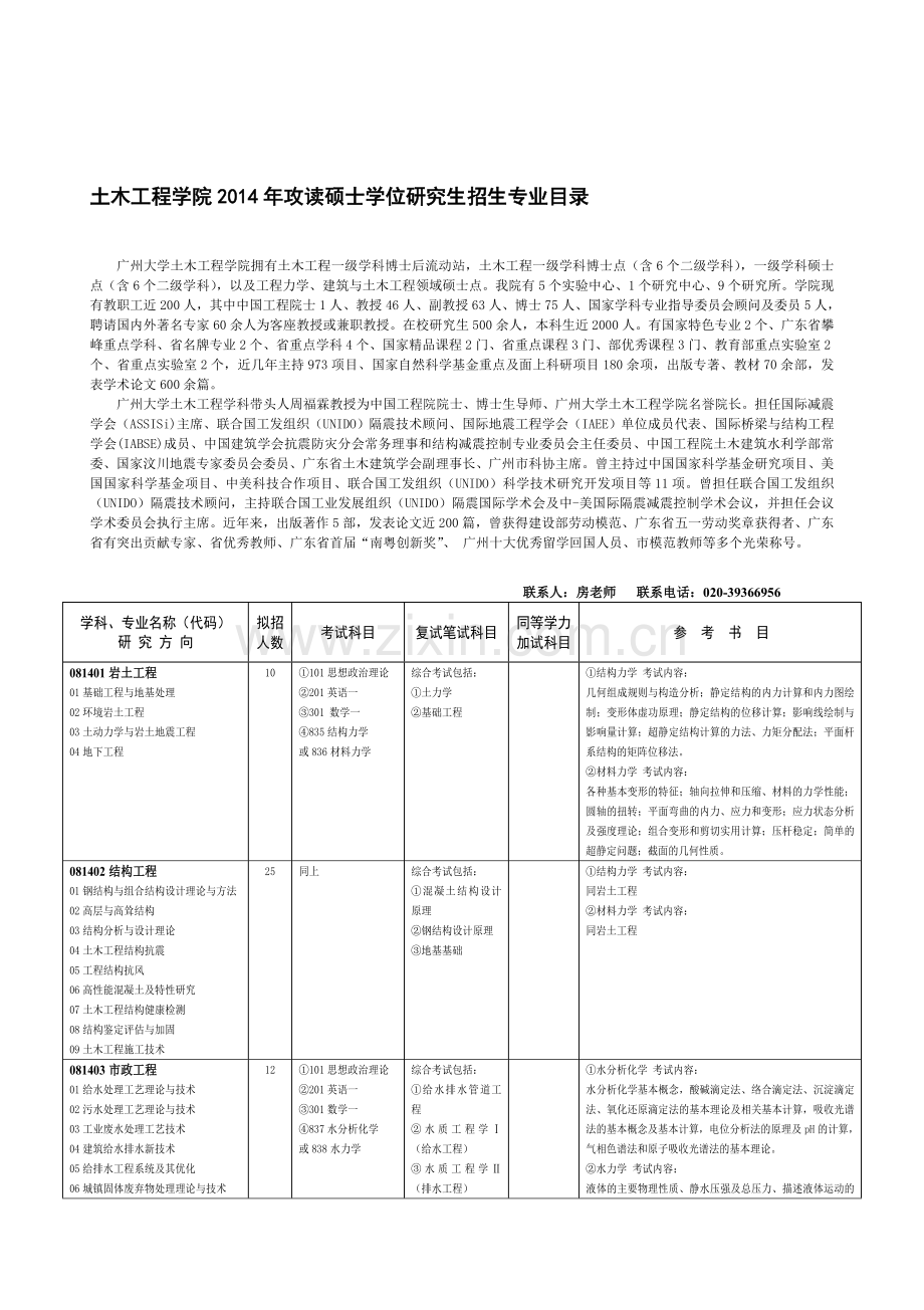 广州大学土木工程学院----研究生招生目录-2014.doc_第1页