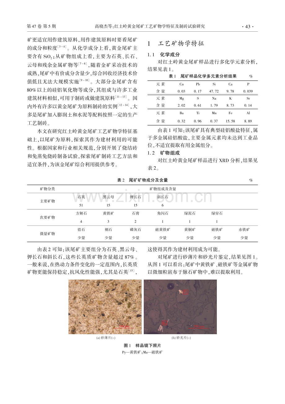 红土岭黄金尾矿工艺矿物学特征及制砖试验研究.pdf_第2页