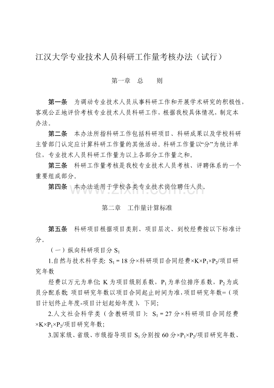 江汉大学专业技术人员科研工作量考核办法(试行).doc_第1页