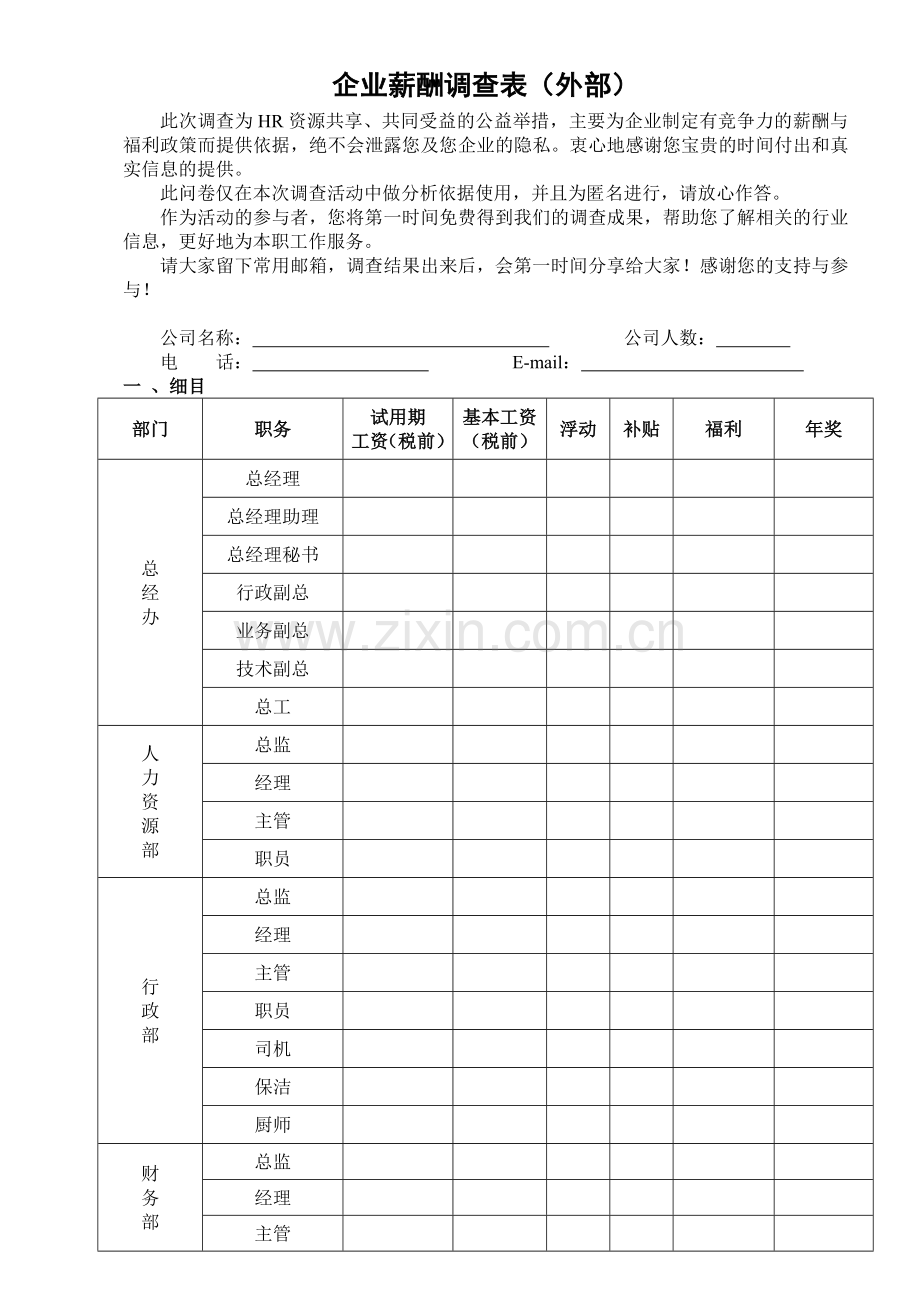 企业外部薪酬调查表.doc_第1页