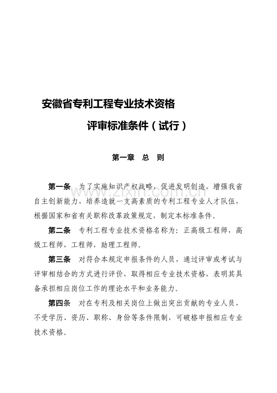 安徽省专利工程专业技术资格评审标准条件(试行).doc_第1页