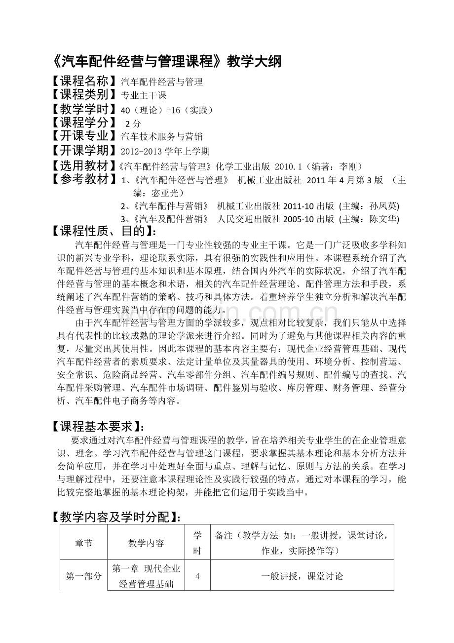 《汽车配件经营与管理》教学大纲(2).doc_第1页