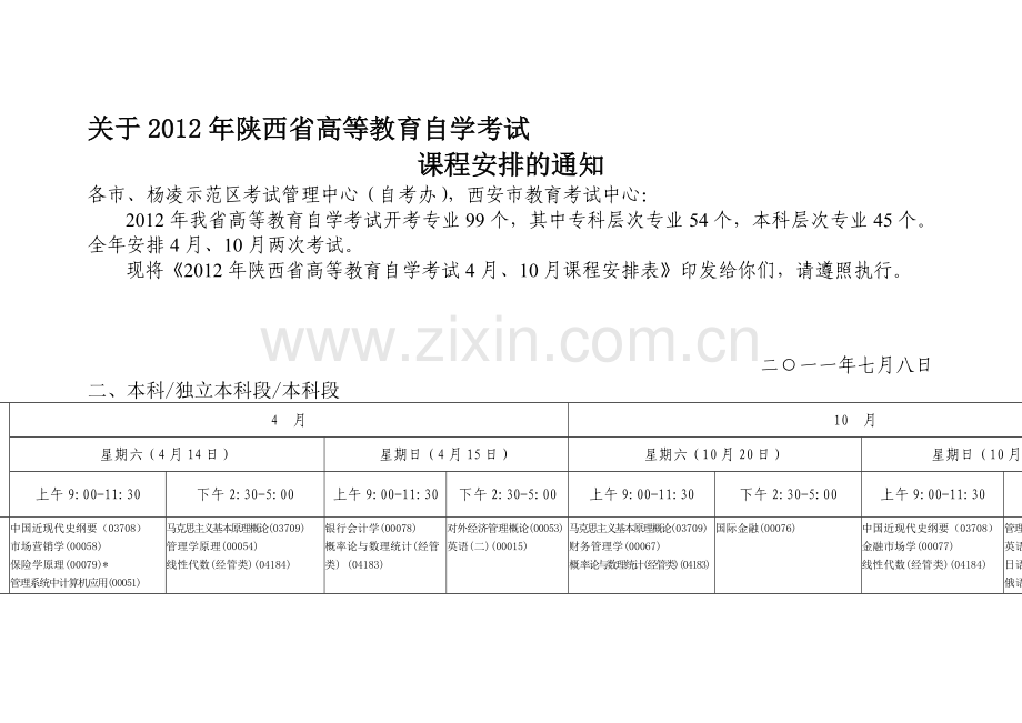 2012西安自学考试本科计划.doc_第1页