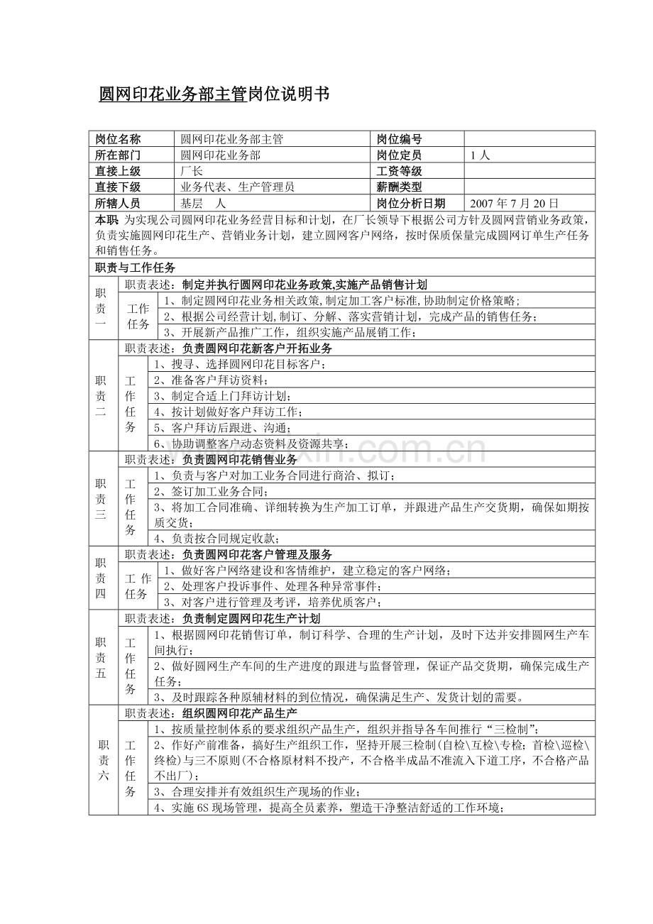 圆网印花部主管岗位说明书.doc_第1页